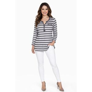 Anne Klein Top Shirt Striped Sweater White Gray Long Sleeve Womens WOMAN'S SMALL